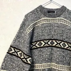 デザインニット　総柄　ヴィンテージ　レトロ　アート　グレー　黄土色　3D