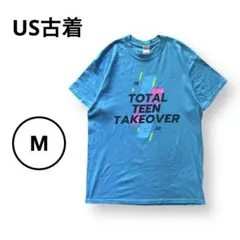 US古着 両面プリントTシャツ ブルー M 企業ロゴ ギルダン ヘビーコットン