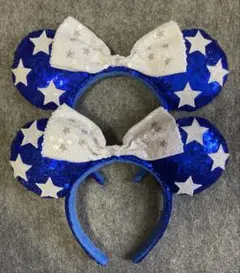 ディズニー　カチューシャ　スパンコール　青　星　白　リボン　ミニー　ブルー