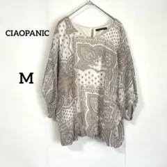 【チャオパニック】ブラウス M ベージュ 七分袖 シアー袖 ペイズリー柄 総柄のサムネイル