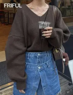 SHEINのダークブラウン Vネック クロップドセーター Lサイズ