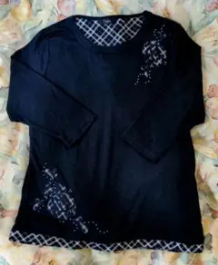 【新品】上品 七分袖 Tシャツ 紺 チェック柄 刺繍 ラインストーン ネイビー