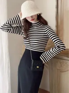 GRL ストライプ タートルネックニット 袖フレア