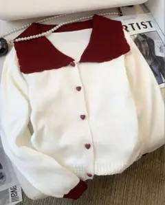 GEMEDA ハートボタン配色カーディガン　カーディガン　赤