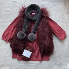 ZARA クリスマス チェックワンピース ファーベスト タイツ マフラー セット