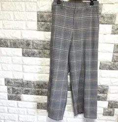【クリアインプレッション】グレー系チェック柄ワイドパンツMストレッチW後ろゴム