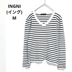 イング　ボーダーVネックリブニット 長袖 ホワイト×ブラック M