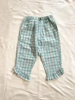 七分丈　チェックパンツ　フリルパンツ　ミントグリーン×キナリ　100サイズ