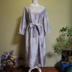 ★着物リメイク★　染め大島紬　薄紫色 ウエストリボン付きギャザーワンピース