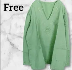 刺繍チュニック【Free】ビーズ 長袖トップス グリーン Vネック ゆったり