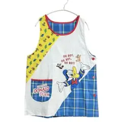 ドナルドダック エプロン 後ポケット付き ブルー チェック 保育士