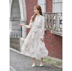 りぼん付きサイドフリル装飾クラシカルアートプリントプリーツワンピース