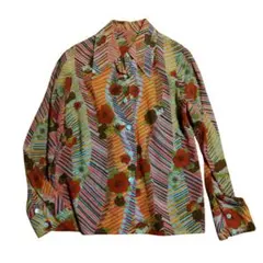 昭和レトロ　長袖ブラウス　ボタンダウンシャツ　総柄　サイケ　個性派　カラフル