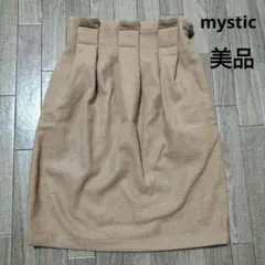 美品 mystic ひざ丈スカート ウエストギャザー ベージュ レディース
