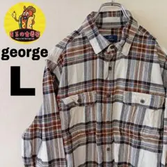 USA古着 george　ネルシャツL　ホワイトネイビー　チェック