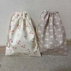 ハンドメイド⭐︎チェリー柄リボン柄28×23巾着袋２枚セット