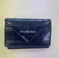 BALENCIAGA 三つ折り財布 ネイビー クロコ型押し