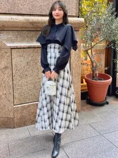 GRL チェック柄ドッキングケープカラーワンピース