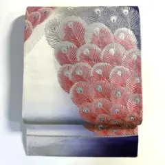 5k2368 袋帯　絹　唐織　孔雀羽　白　ピンク　紫　銀色　柄物　和装　着物