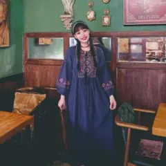 【新品】ボヘミアン柄マキシ丈ロングワンピース エスニック 民族 ネイビー L