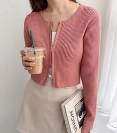 andme ピンク リブ編み ジッパーカーディガン