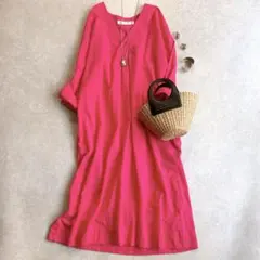 美品 ティッカ TICCA リネン100%ロングワンピース ピンク ゆったり 麻