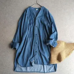 フィルデフェール　デニム　シャツ　ブラウス　チュニック　刺繍　ブルーのサムネイル