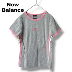 【ニューバランス】Lサイズ　半袖Tシャツ　ロゴ　ピンクライン　スポーツ　グレー