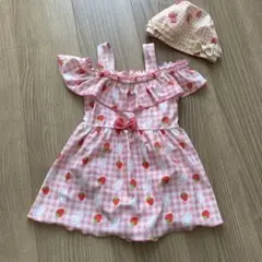 【美品】ミッフィーイチゴ柄フリル水着110と帽子セット