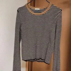 GUリブ編み長袖セーター M 黒・ベージュ・白ストライプ