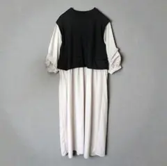 美品【Radarista】五分袖 重ね着風ワンピース ボリューム袖 大人可愛い