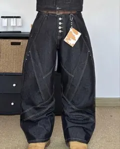 ワイドデニムパンツ ブラックデニム 立体切替 バギー 韓国ストリート Y2K