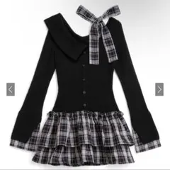 GRL チェック柄ドッキングワンショルダーリボンフリル ニット ワンピース