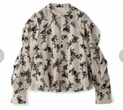 フラワープリント ボリュームスリーブブラウス