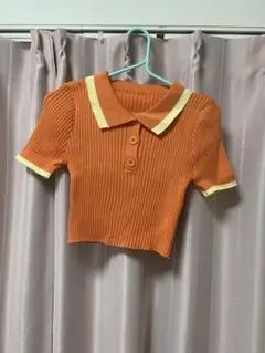 オレンジ リブ編み ポロシャツ 半袖