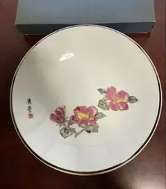 昭和モダン　金縁花柄の陶磁器製大皿　専用箱付き　26.5cm