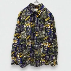 ヴィンテージ 長袖シャツ コーデュロイ 柄シャツ 総柄 ブルー系 L レトロ