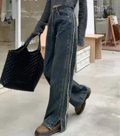 サイドフリンジスリットパンツ 秋パンツ