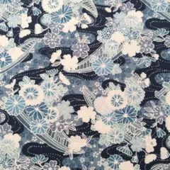 【 お値下げ 】和柄 花と小舟柄 藍色地 シーチング生地 はぎれ