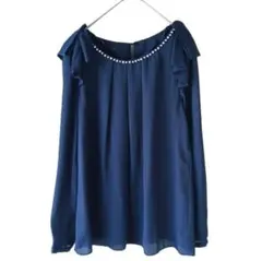 イング ネイビー フリル ビジュー シフォン トップス