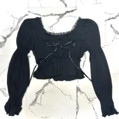 y2k ブラックフリルリボンクロップドブラウス