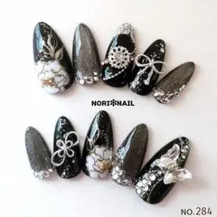 【284】オーダー❉ブラック 牡丹柄 マグネット 振袖 成人式 和装ネイル