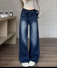 ダークブルーワイドレッグデニムパンツ