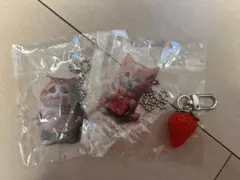 猫ストラップ2個セット & いちごのキーホルダー