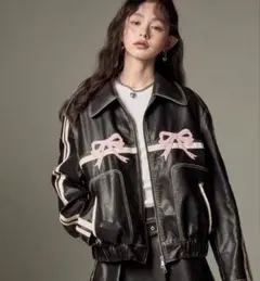 DIDDI MODA フェイクレザー リボン ジャケット ブラック M