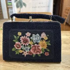 花柄刺繍 ネイビー ハンドバッグ