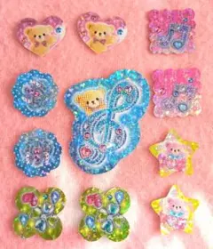 キラキラ可愛いフレークシール11枚セット　くま・音符・四葉のクローバー