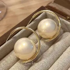 No.356A ビックパールフープピアス ゴールド 韓国 上品 パーティー