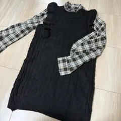 韓国系 黒ニットとチェックシャツのセットアップ 2点セット