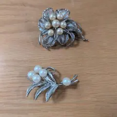 シルバー パール 花 ブローチ 2点セット